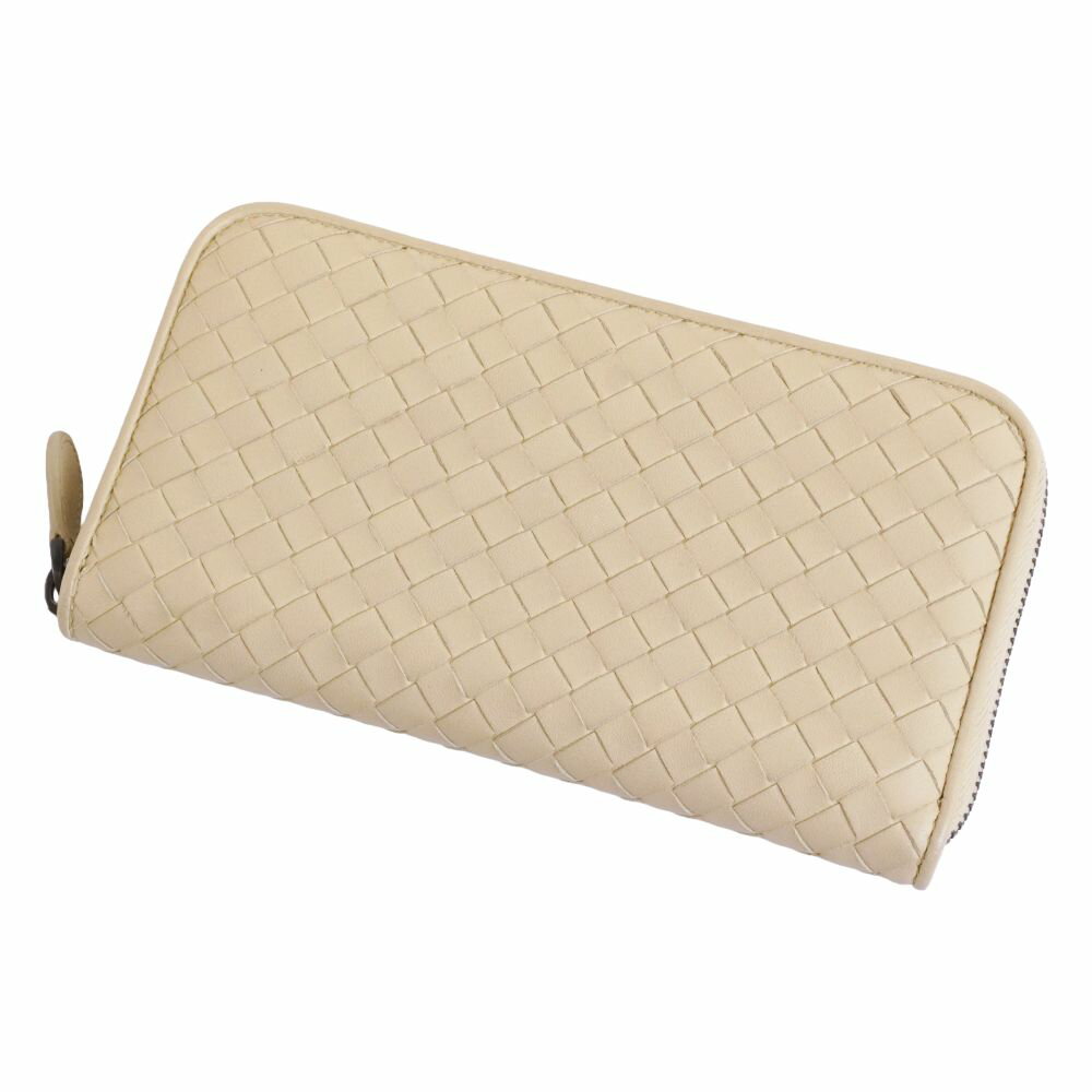 【美品】ボッテガヴェネタ BOTTEGA VENETA 財布 長財布 ロング ウォレット イントレチャート ラウンドファスナー レザー レディース イタリア製 ライトベージュ【中古】