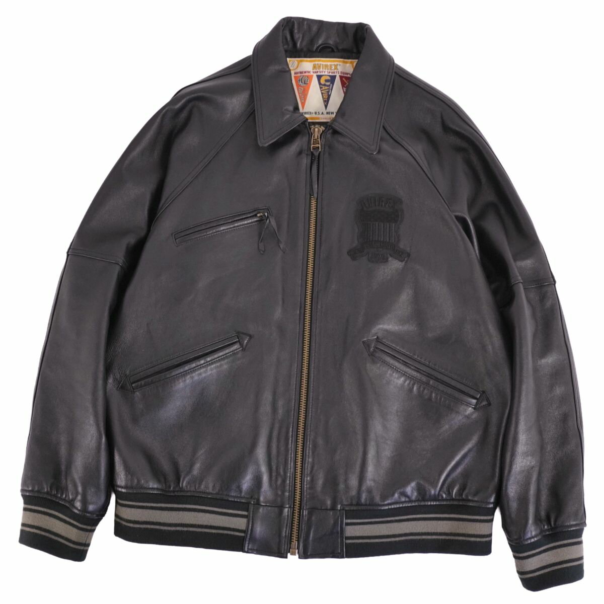 アビレックス AVIREX ジャケット ECDP LIGHT SIGNATURE VARSITY レザージャケット スタジアムジャンパー スタジャン バーシティジャケット ラムレザー 本革 アウター メンズ 2XL ブラック