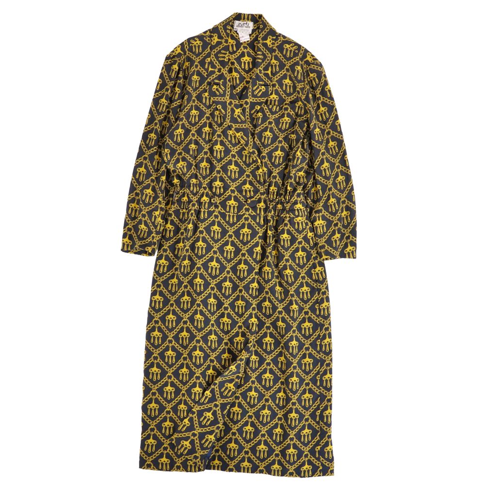 Rakuten - 【美品】Vintage エルメス HERMES ワンピース シャツワンピース 総柄 シルク トップス レディース フランス製 40(L相当) ブラック/ゴールド【中古】