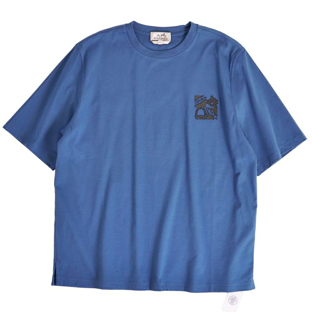 Rakuten - 【新古品】エルメス HERMES Tシャツ 2024 カットソー ショートスリーブ 半袖 ラムレザー トップス メンズ イタリア製 M ブルー【中古】