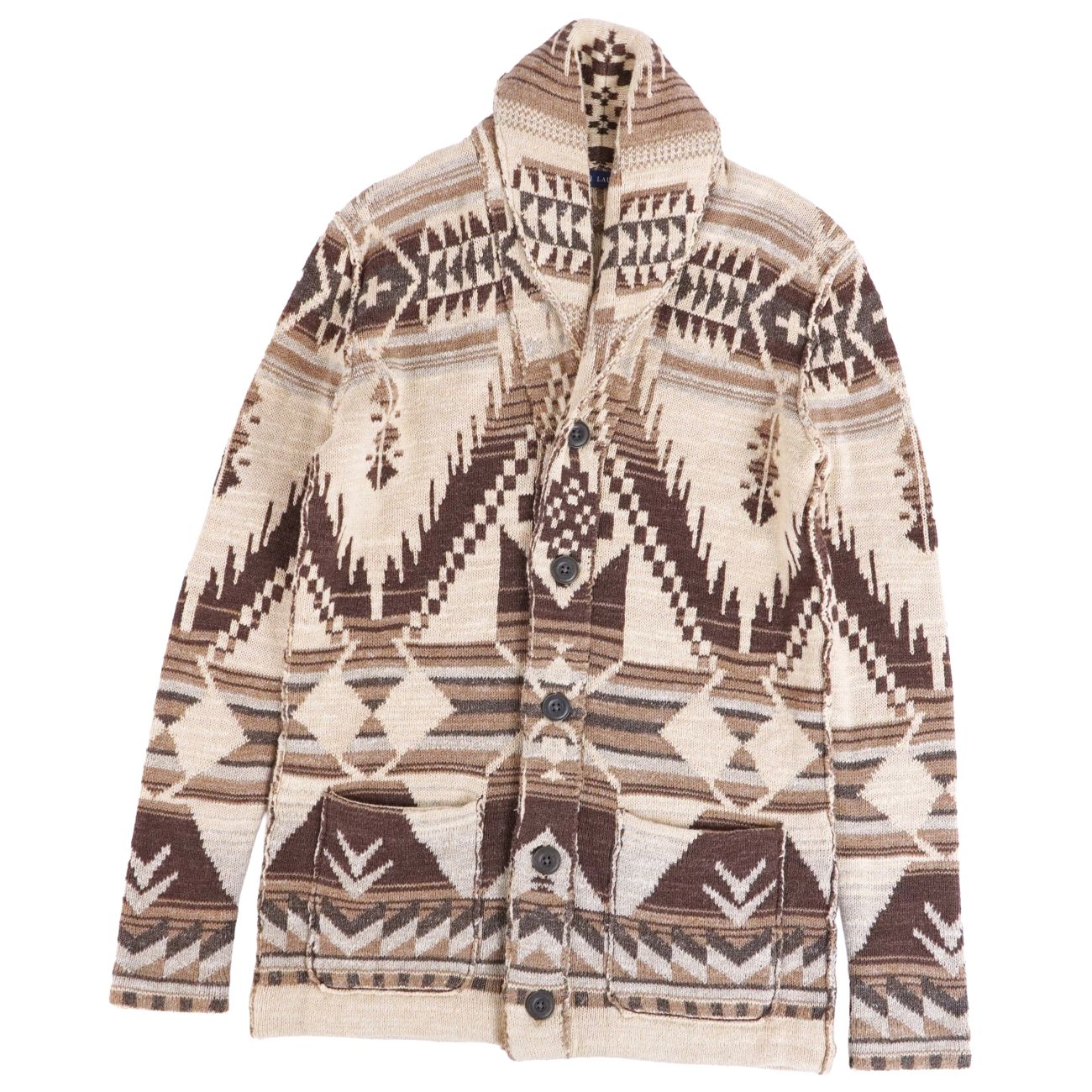 Rakuten - 【美品】ラルフローレン RALPH LAUREN カーディガン ニット ロングスリーブ 長袖 総柄 コットン トップス レディース XS ベージュ【中古】