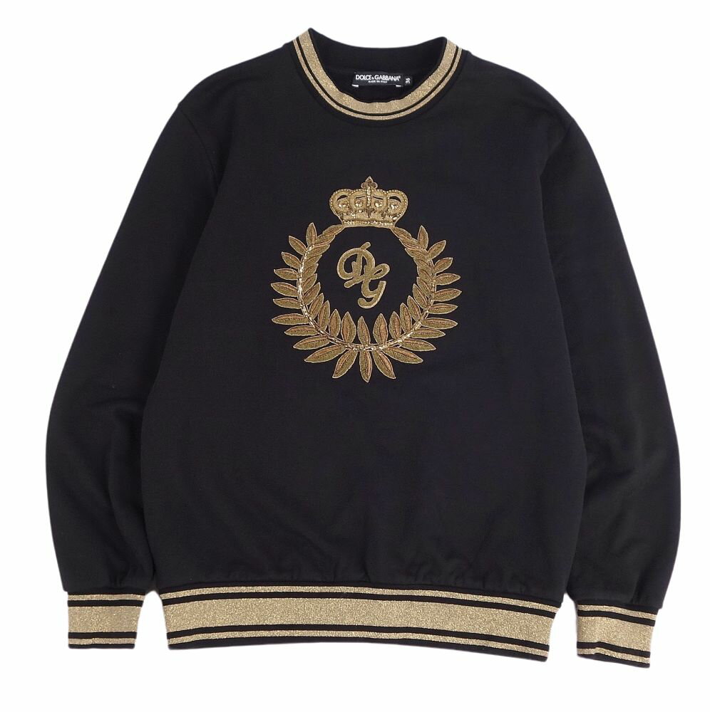 【美品】ドルチェ&ガッバーナ DOLCE&GABBANA スウェット トレーナー ビジュー装飾 コットン トップス レディース イタリア製 36(S相当) ブラック/ゴールド【中古】