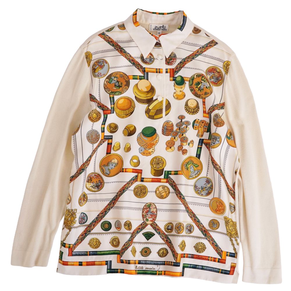 Rakuten - エルメス HERMES シャツ ブラウス ロングスリーブ 長袖 総柄 シルク切り替え ニット トップス レディース イタリア製 S マルチカラー【中古】