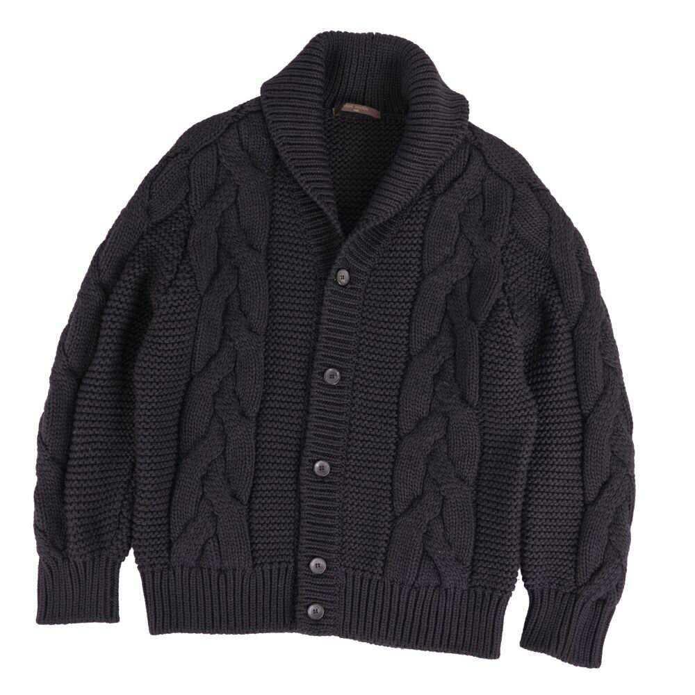 【美品】ルイヴィトン LOUIS VUITTON カーディガン ショールカラー ニット ウール シルク カシミヤ ローゲージ トップス メンズ イタリア製 M ブラック【中古】