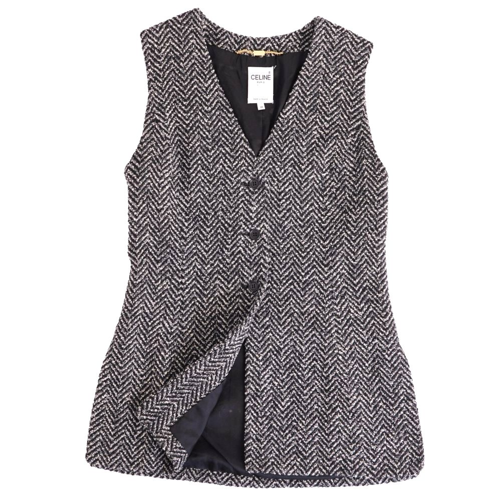 Rakuten - 【美品】Vintage セリーヌ CELINE ベスト ジレ ウール ツイード トップス レディース フランス製 38(M相当) ブラック【中古】