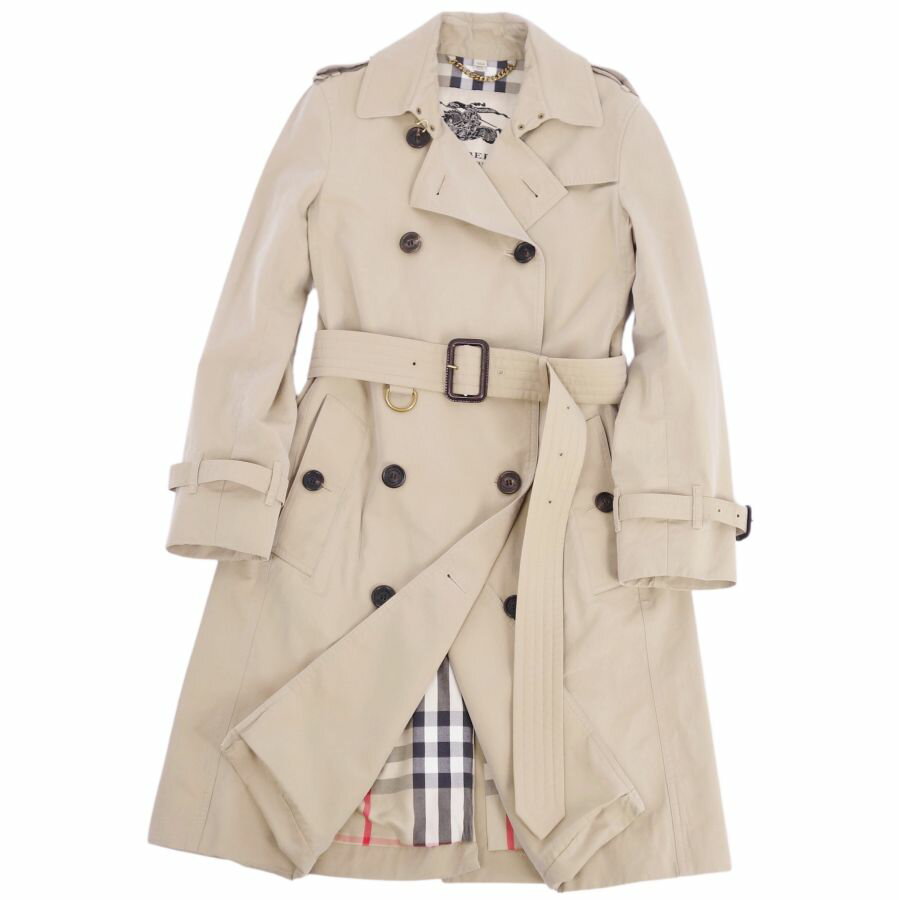 【美品】バーバリー BURBERRY コート トレンチコート 英国製 THE KENSINGTON LONG ケンジントン 裏チェック アウター レディース UK6(Sサイズ相当) ベージュ【中古】