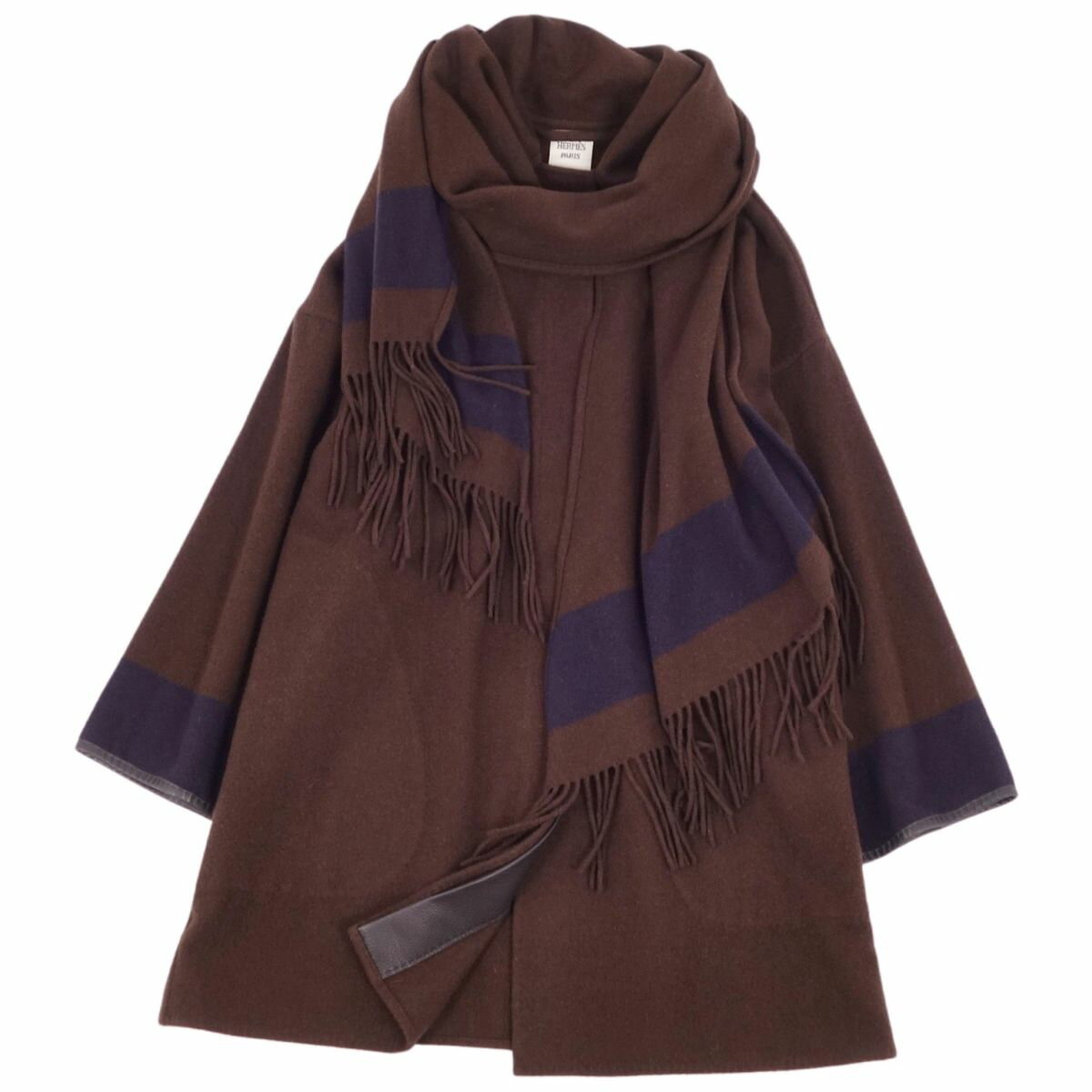 【美品】エルメス HERMES ゴルチエ期 コート ストール付き カシミヤ100％ レザー アウター レディース 38(M相当) ブラウン【中古】のサムネイル