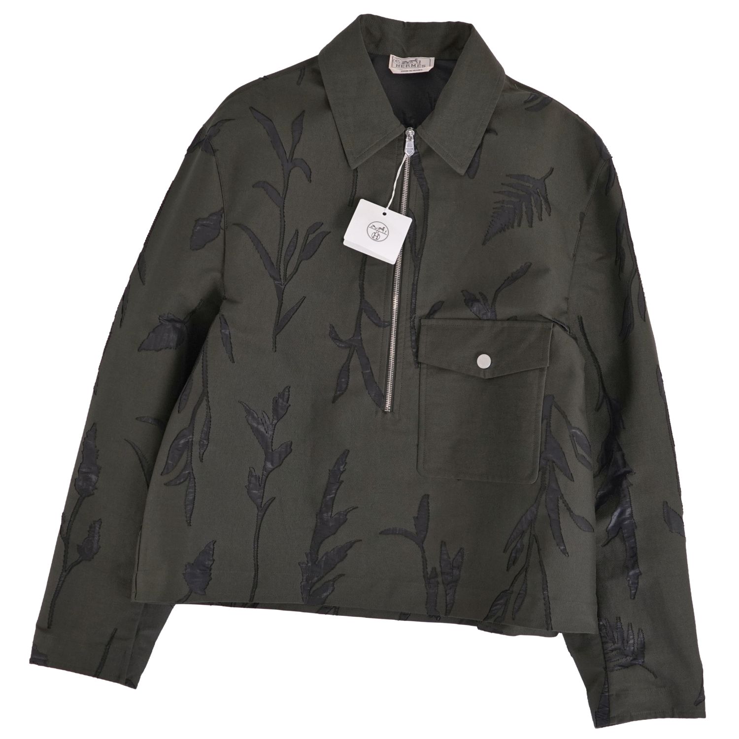 Rakuten - 【新古品】エルメス HERMES 23SS Herbier deperlant プルオーバー シャツ ジャケット ハーフジップ セリエボタン 総柄 コットン ナイロン トップス メンズ 52(L相当) カーキ【中古】