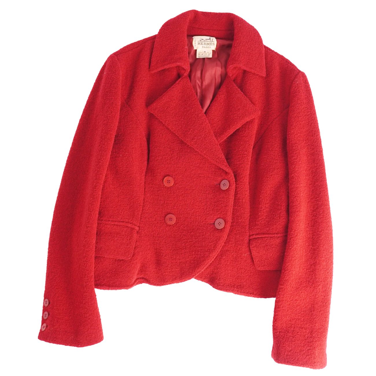 【美品】Vintage エルメス HERMES ジャケット テーラード ダブルブレスト ウール ツイード アウター レディース フランス製 44(XXL相当) レッド【中古】