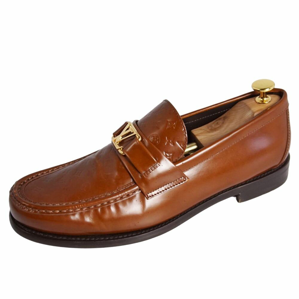 【美品】ルイヴィトン LOUIS VUITTON ローファー モカシン メジャー ライン LV金具 モノグラム ビジネスシューズ 革靴 メンズ イタリア製 7.5(26cm相当) ブラウン【中古】