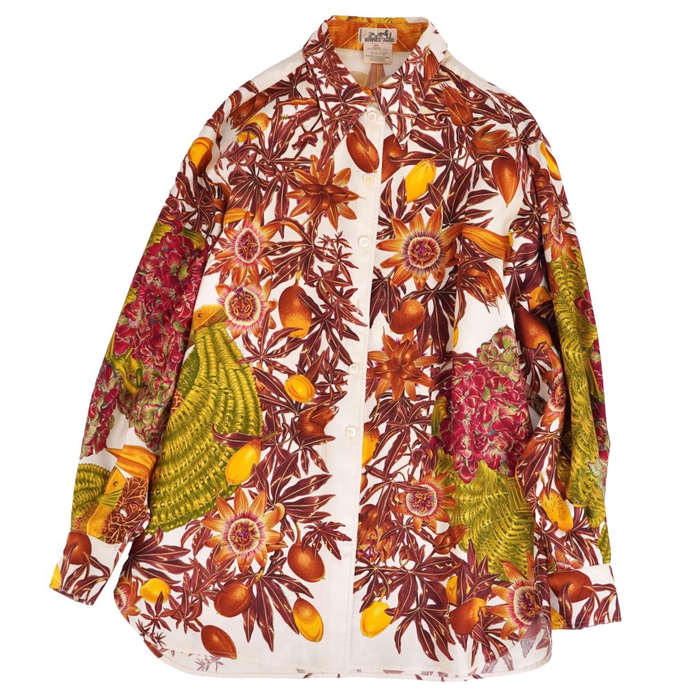【美品】Vintage エルメス HERMES シャツ ブラウス ロングスリーブ 総柄 Passiflores パッションフラワー シルク100％ トップス レディース フランス製 40(L相当) マルチカラー【中古】