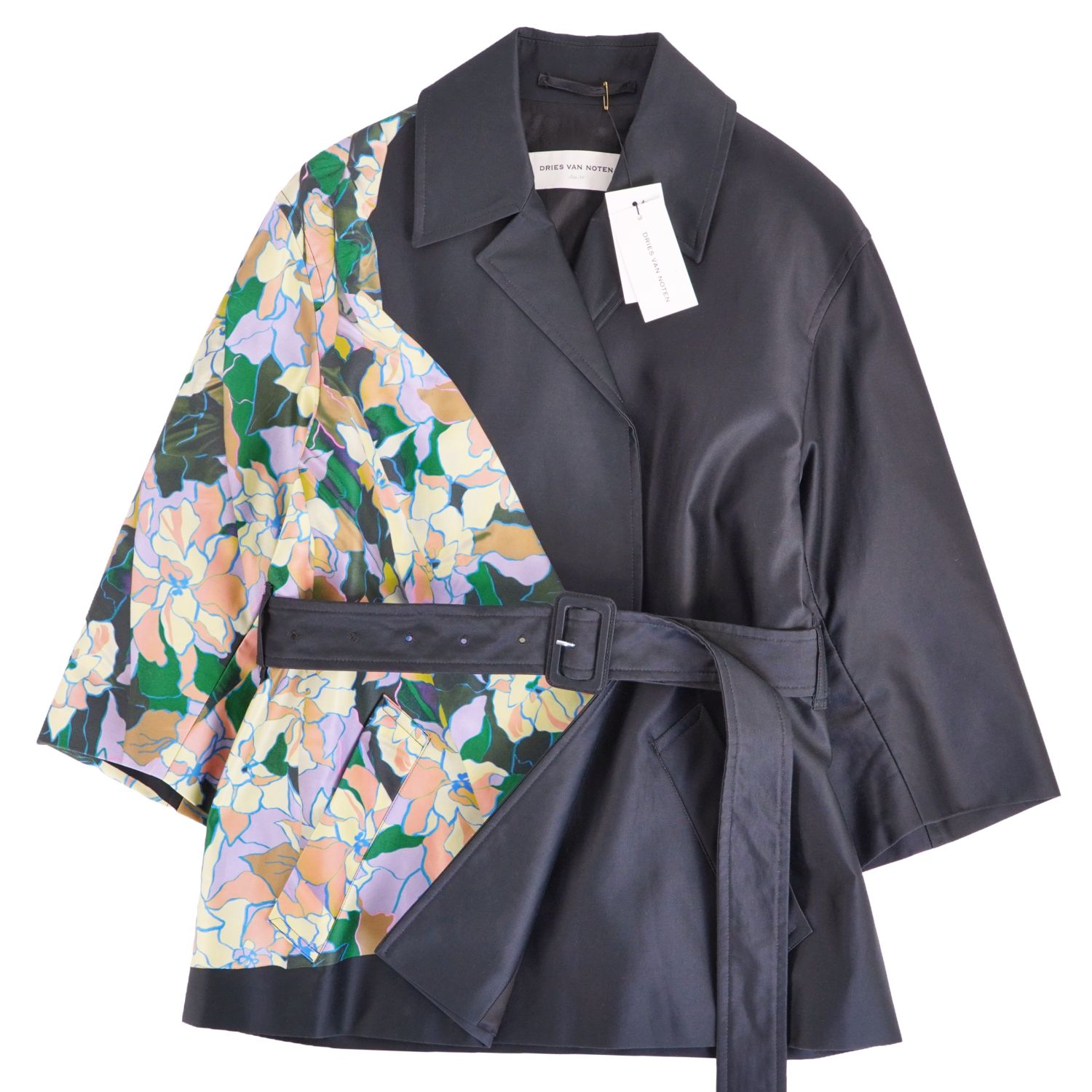 Rakuten - 【新品同様】ドリスヴァンノッテン DRIES VAN NOTEN ジャケット ボタンレス ベルト付き 花柄 フラワー コットン アウター レディース 34(XS相当) ブラック/マルチカラー【中古】