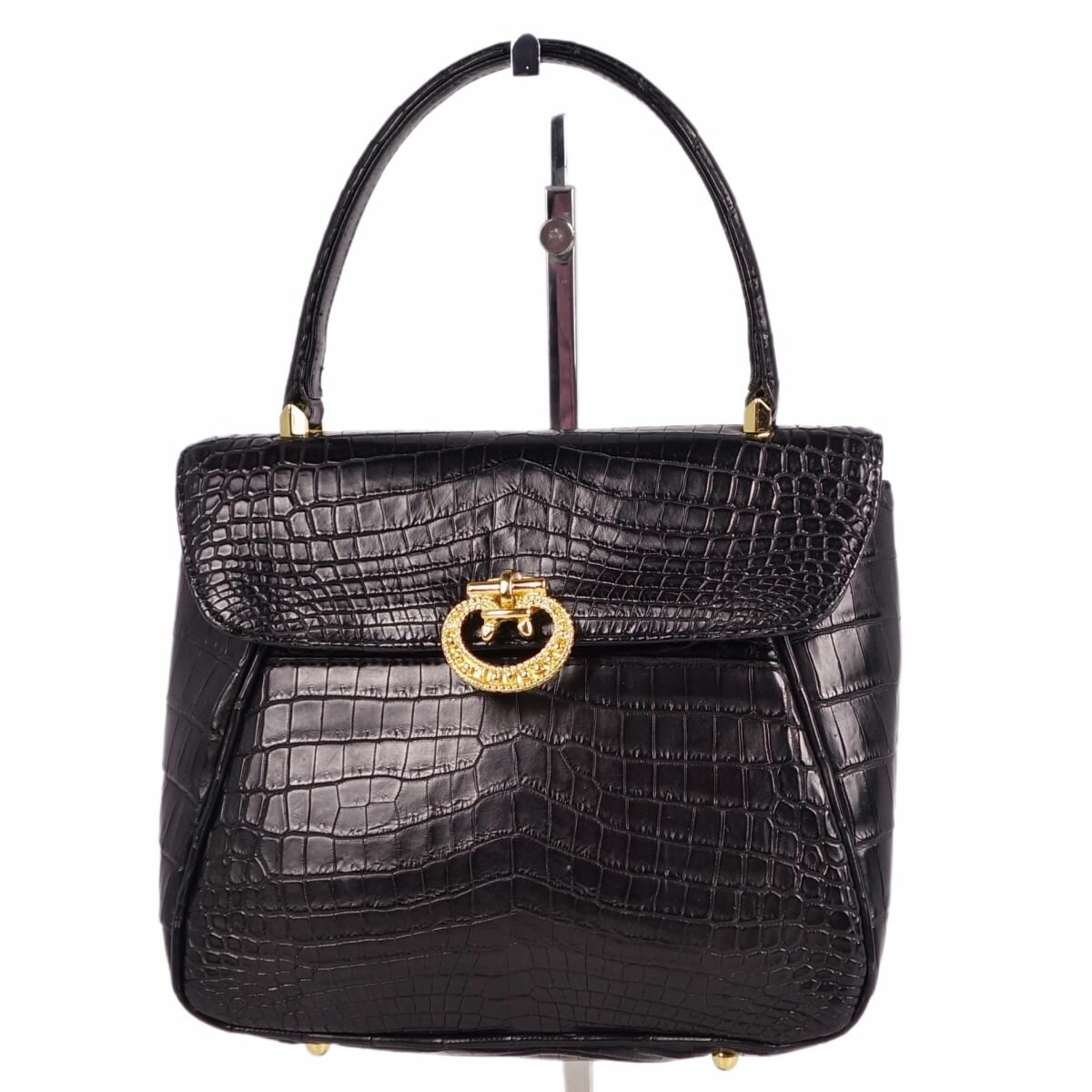 【美品】クロコダイル CROCODILE バッグ ハンドバッグ クロコダイル マットクロコ ワニ革 カバン 鞄 レディース ブラック【中古】