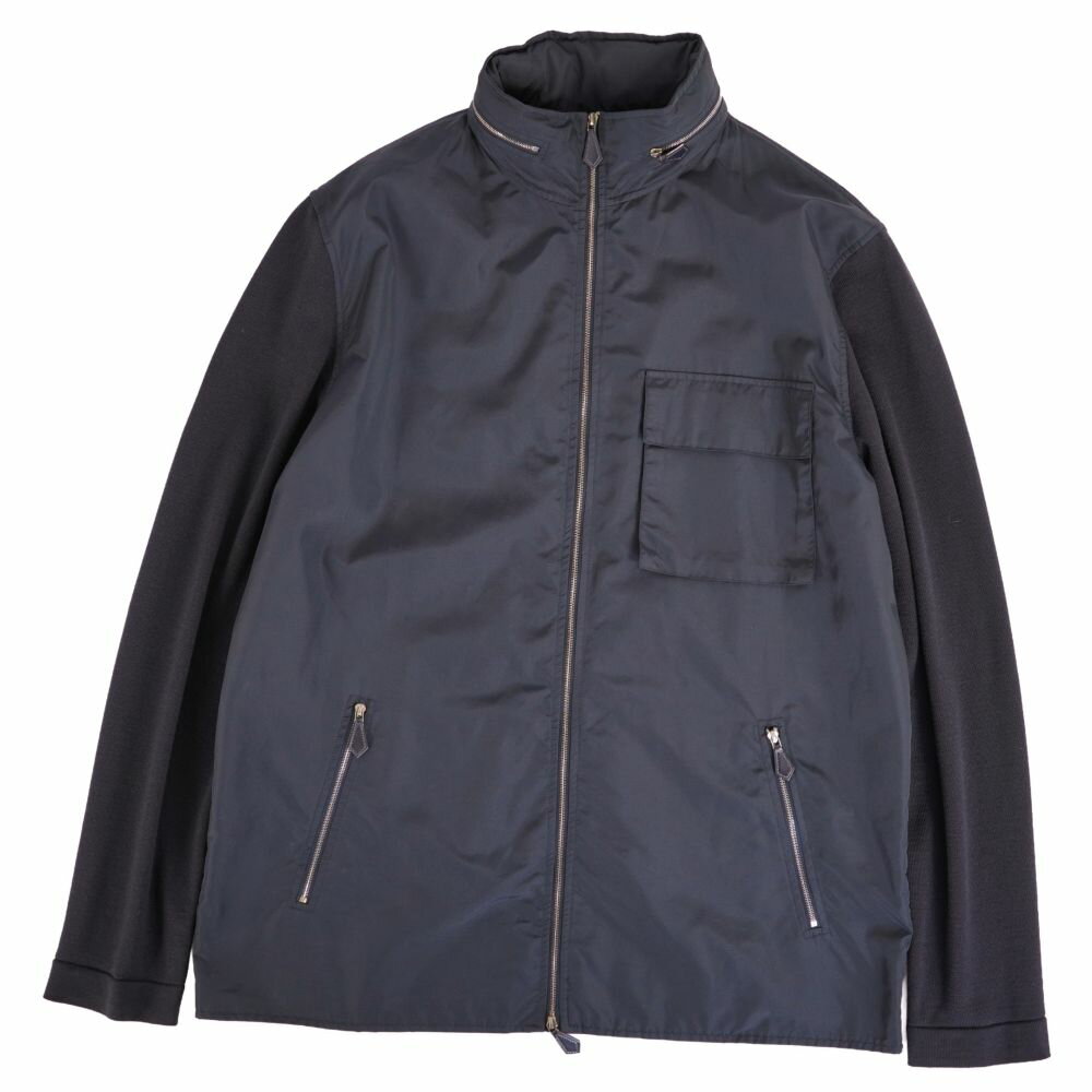 【美品】エルメス HERMES ジャケット ブルゾン ジップアップ ウール ニット ナイロン アウター メンズ イタリア製 XL ネイビー【中古】