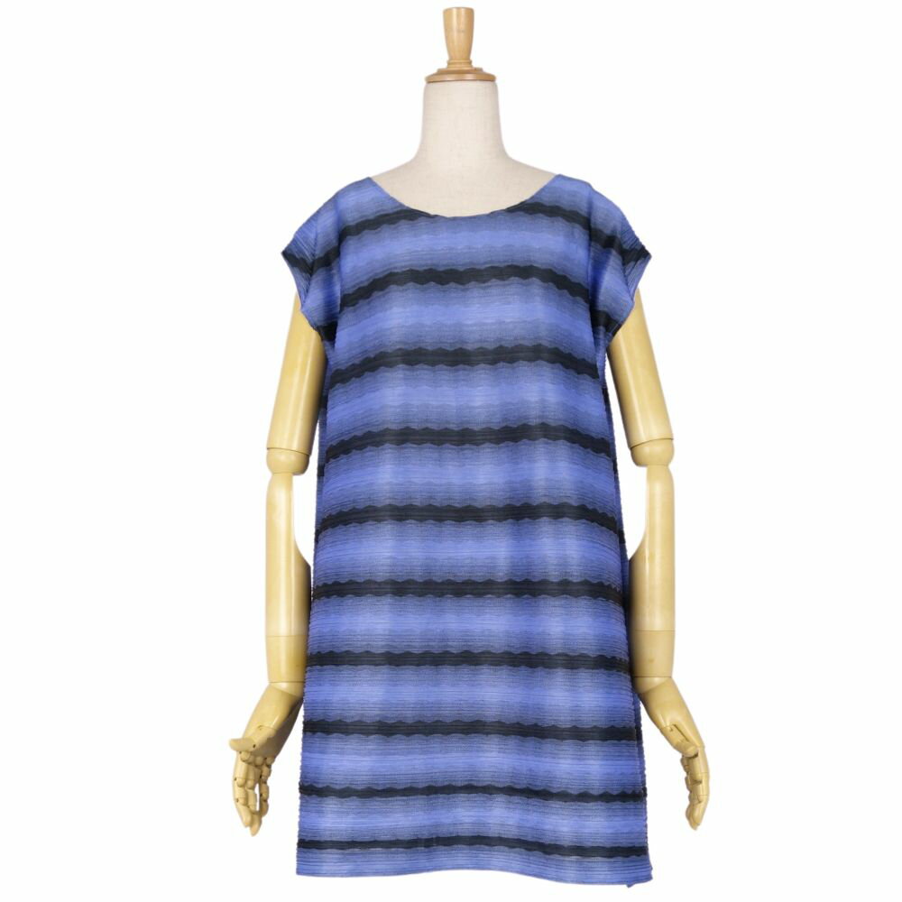 【美品】プリーツプリーズ イッセイミヤケ PLEATS PLEASE シャツ ブラウス 横プリーツ ノースリーブ ボーダー トップス レディース 5(XL相当) ブルー/ブラック【中古】