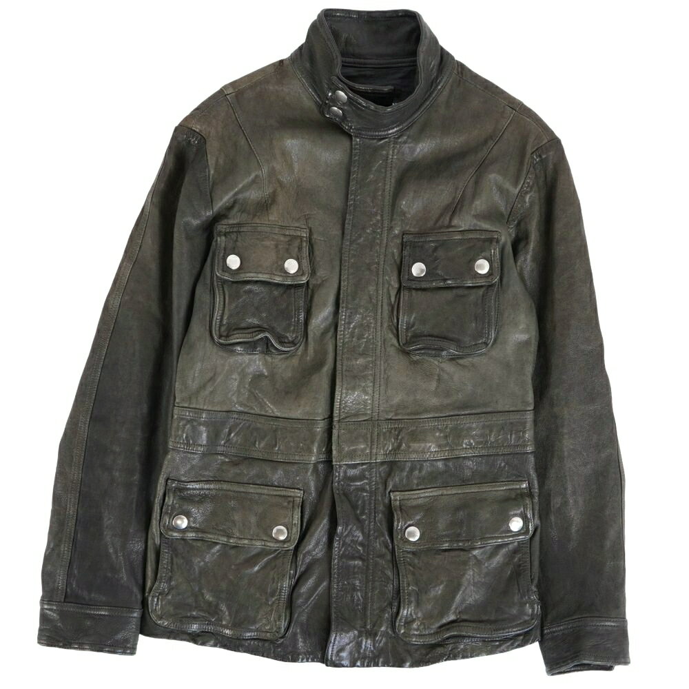 Rakuten - 【美品】エンポリオアルマーニ EMPORIO ARMANI ジャケット レザージャケット ラムレザー ジップアップ アウター メンズ イタリア製 46 グリーン【中古】