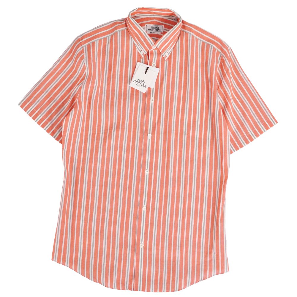 【新古品】エルメス HERMES シャツ ショートスリーブ 半袖 ストライプ リネン コットン トップス メンズ フランス製 39(15.5) オレンジ【中古】