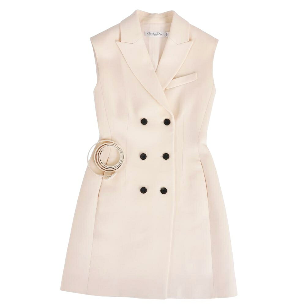 【極美品】クリスチャンディオール Christian Dior ベスト 2024 ロングジレ ブレザーベストドレス ノースリーブ ダブルブレスト ウール シルク レディース フランス製 34(XS相当) オフホワイト【中古】