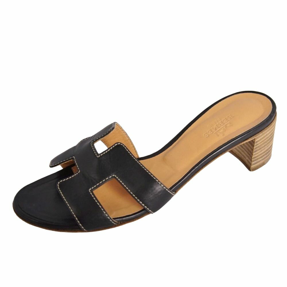 Rakuten - 【美品】エルメス HERMES サンダル オアジス Hロゴ レザー ヒール シューズ 靴 レディース イタリア製 35(22cm相当) ブラック【中古】