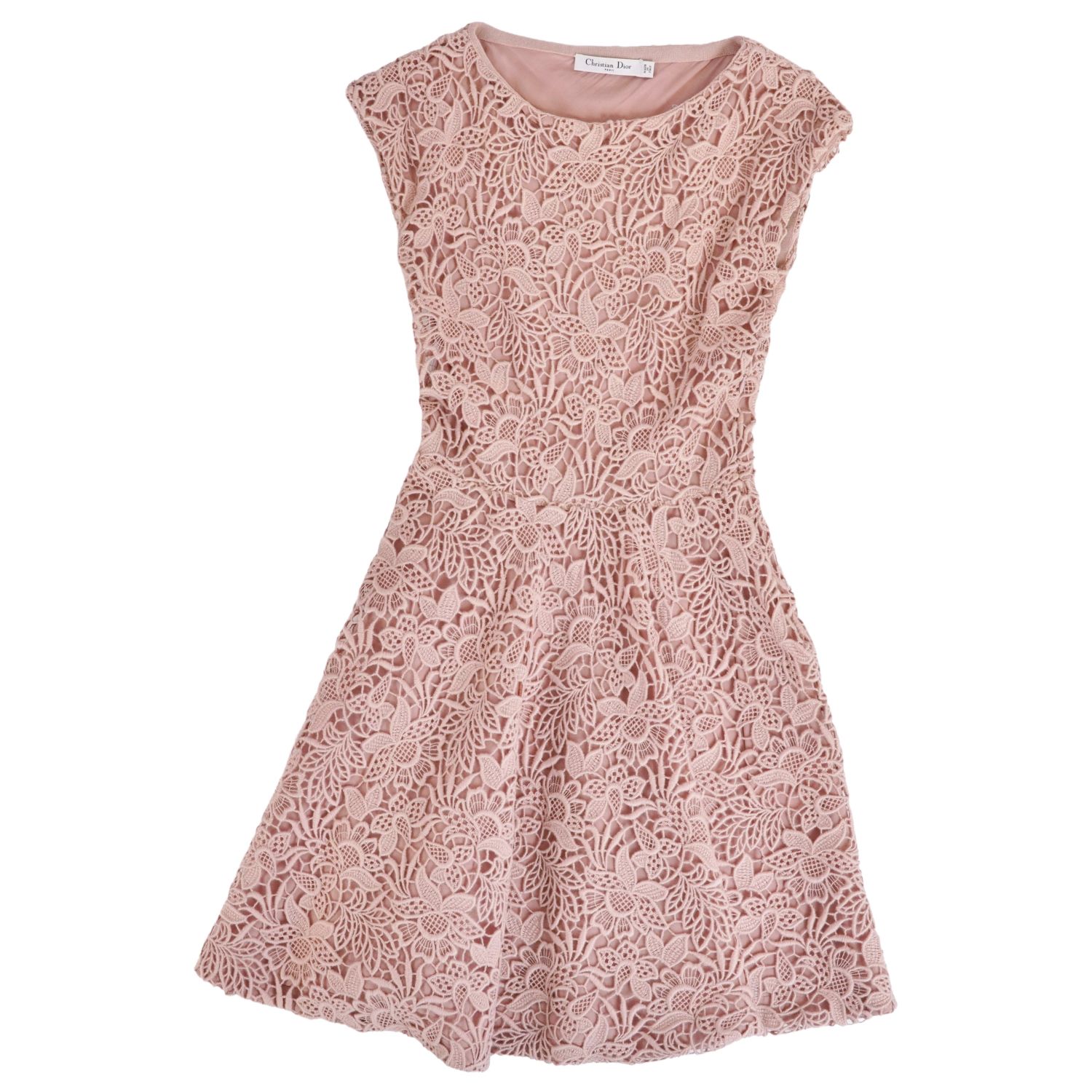 【極美品】クリスチャンディオール Christian Dior ワンピース ドレス フレンチスリーブ フレア レース 刺繍 ウール トップス レディース F36 USA4 I40(S相当) ベージュ【中古】