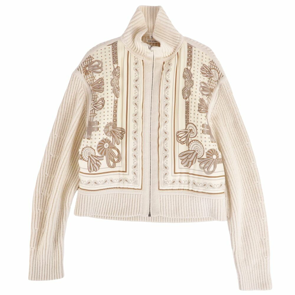 【極美品】エルメス HERMES ジャケット 20AW リバーシブル ダウンジャケット ニット シルク切り替え カシミヤ アウター レディース フランス製 40(L相当) アイボリー【中古】