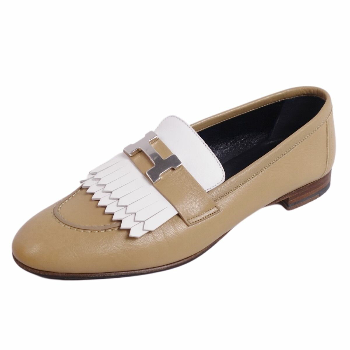 【美品】エルメス HERMES ローファー モカシン ロワイヤル コンスタンス Hロゴ金具 レザー シューズ 37.5(24.5cm相当) ブラウン/ホワイト【中古】のサムネイル