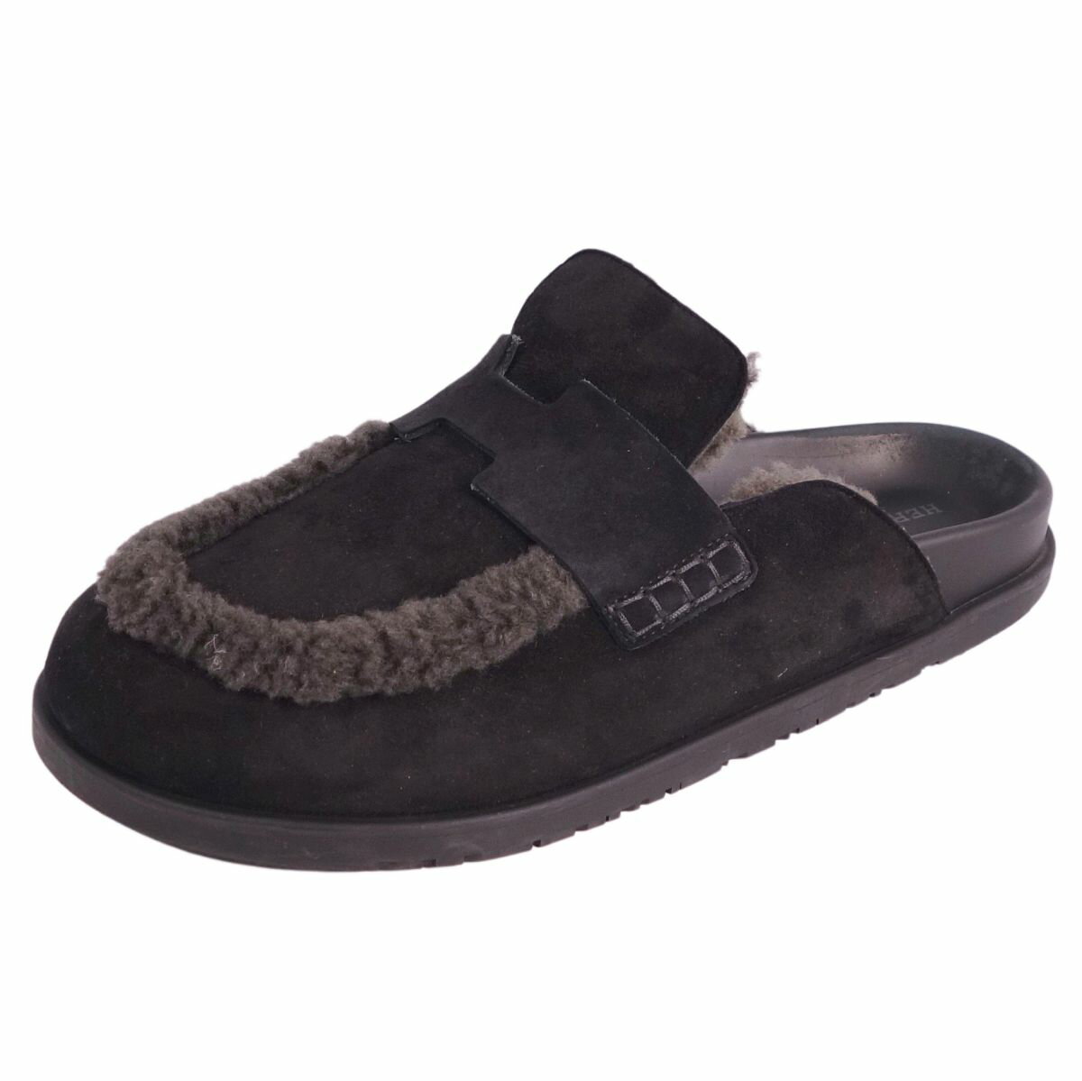 【美品】エルメス HERMES 2023年 サンダル Go mule ゴー ミュール Hロゴ ムートン レザー シューズ 靴 メンズ 43(27cm相当) ブラック【中古】