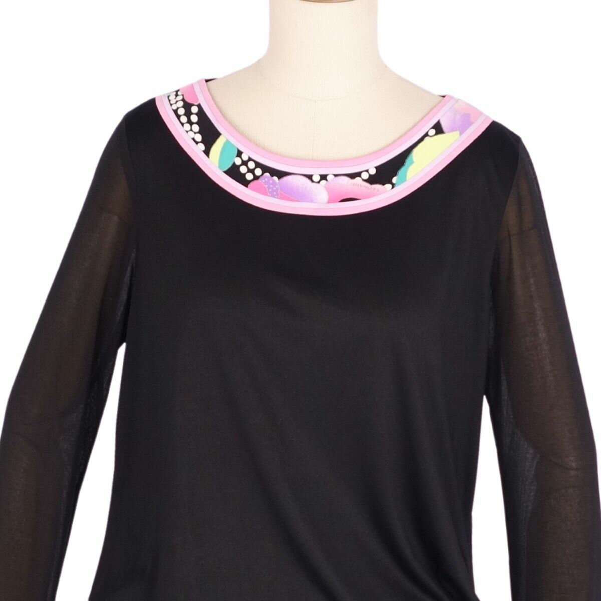 【美品】レオナール LEONARD FASHION ワンピース ロングスリーブ 長袖 ジャージー 花柄 トップス レディース 38(M相当) ブラック【中古】