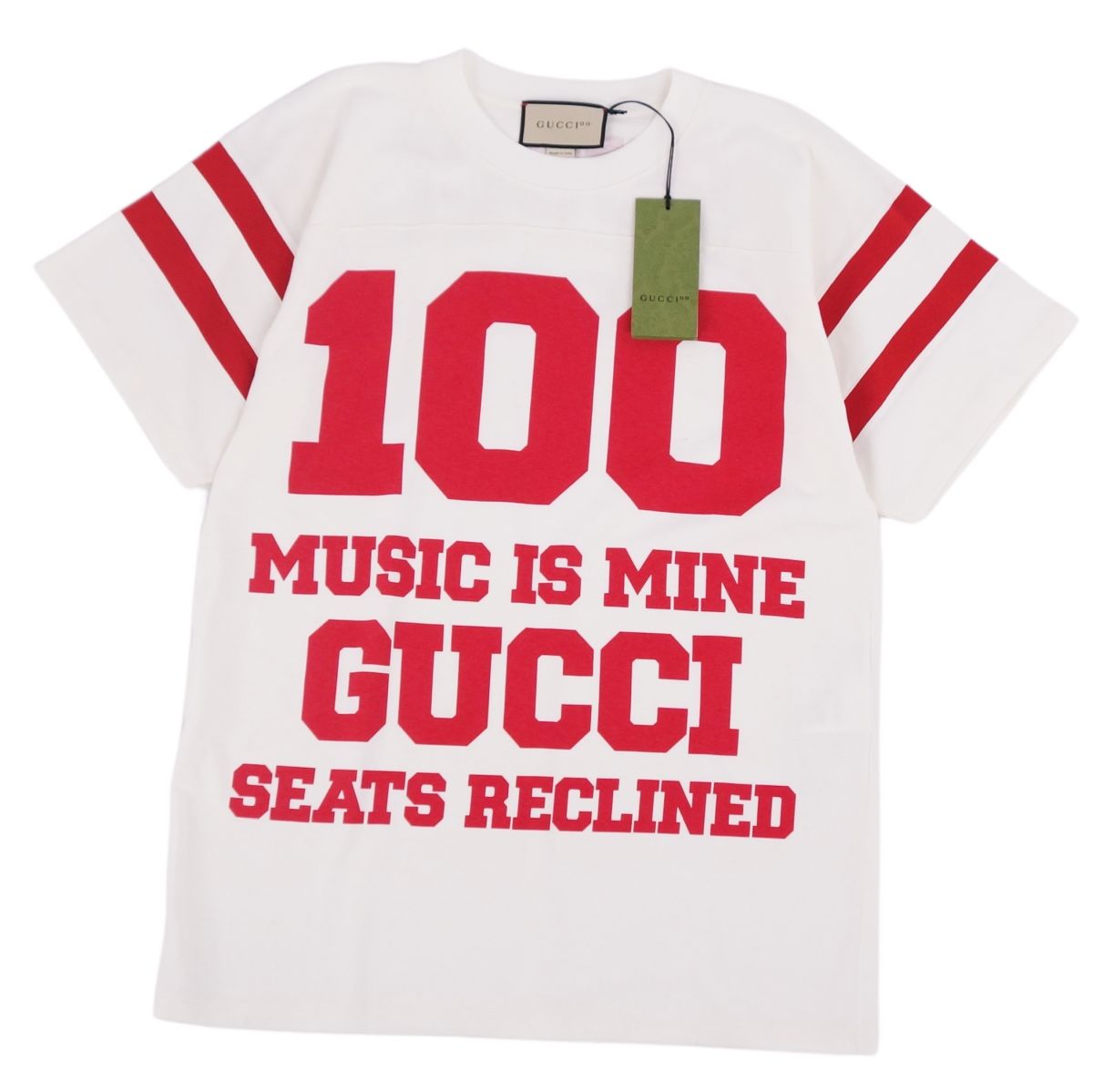【新品同様】グッチ GUCCI Tシャツ カットソー 100周年 MUSIC IS MINE 半袖 ショートスリーブ ロゴ トップス メンズ XS ホワイト/レッド【中古】