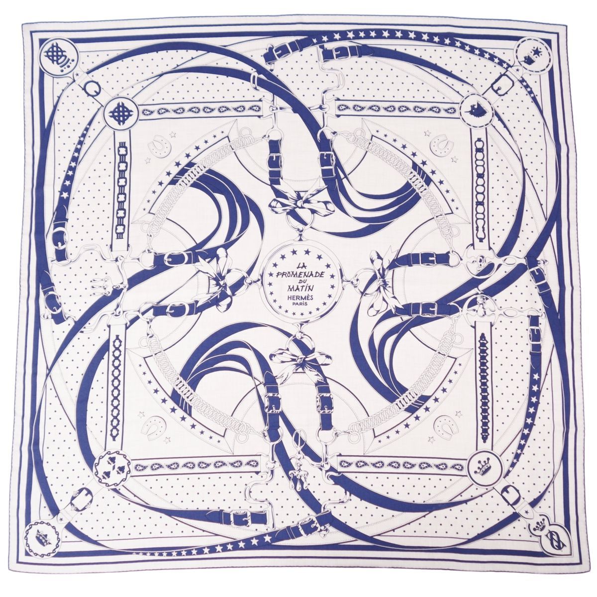 【新品同様】エルメス HERMES スカーフ カレジェアン 140 Promenade du Matin Bandana 朝の散歩 カシミヤ シルク レディース フランス製 ナチュラル/ネイビー【中古】