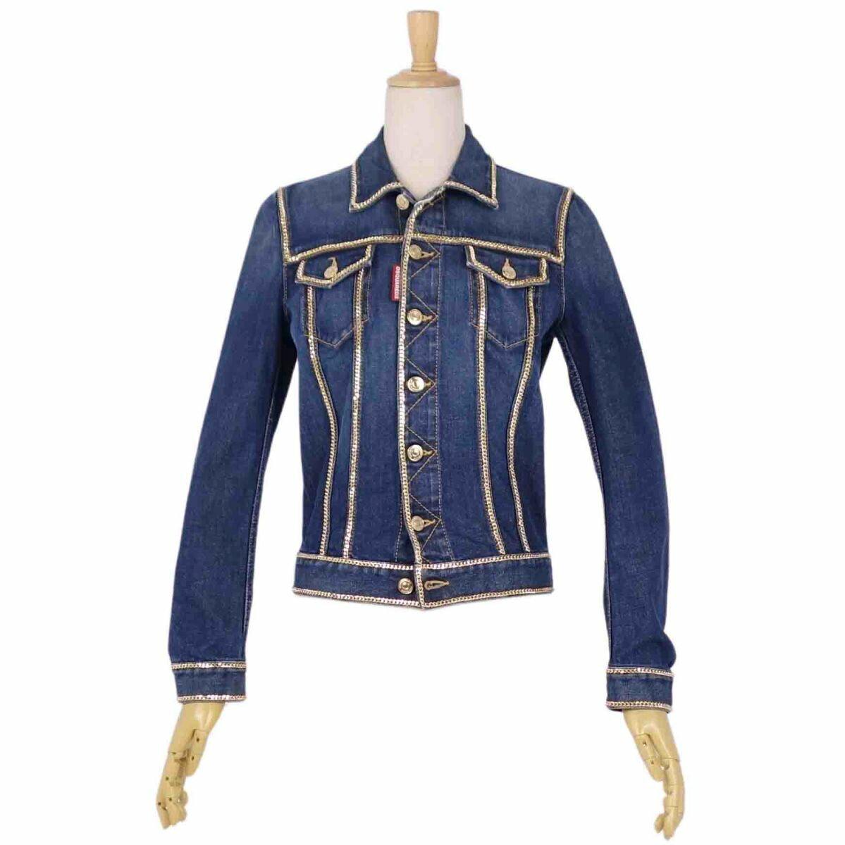【新古品】ディースクエアード DSQUARED2 ジャケット 2021 デニムジャケット チェーン コットン アウター レディース イタリア製 38(M相当) インディゴブルー【中古】