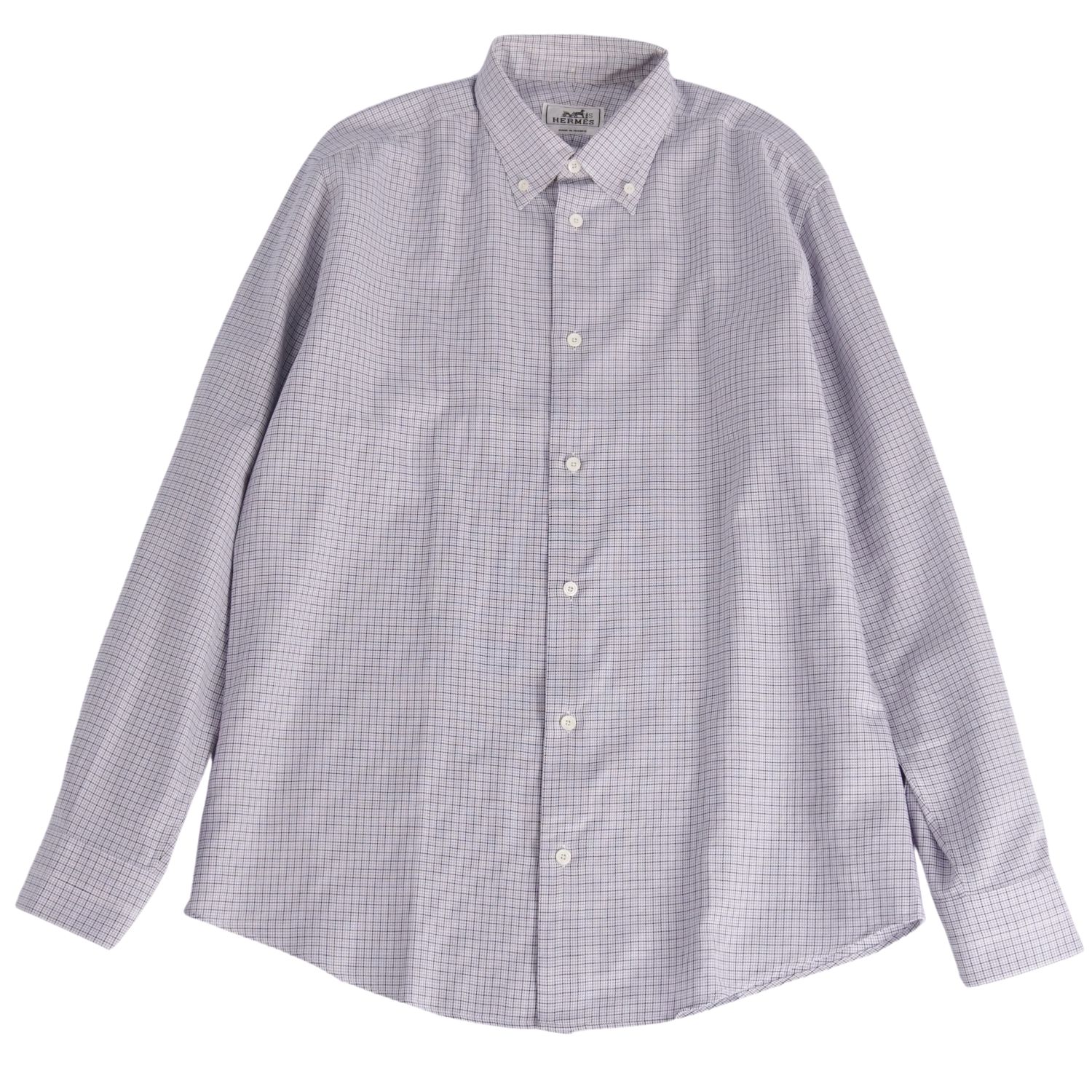 Rakuten - 【美品】エルメス HERMES シャツ ロングスリーブ 長袖 ボタンダウン チェック コットン トップス メンズ フランス製 41/16 グレー【中古】