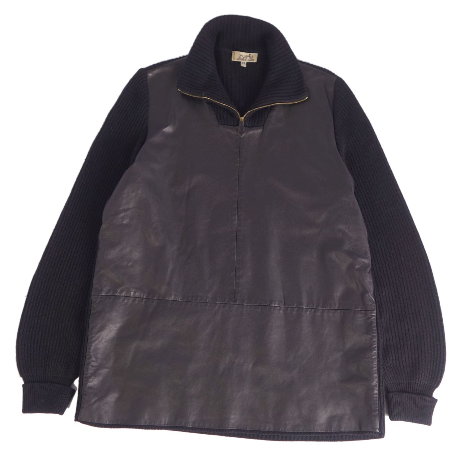 【美品】Vintage エルメス HERMES ニット セーター プルオーバー ハーフジップ ラムスキン レザー切替 カシミヤ シルク トップス メンズ XL ブラック【中古】