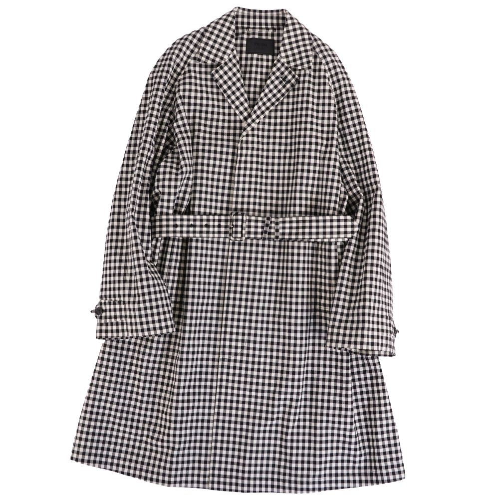Rakuten - 【極美品】プラダ PRADA コート 2022 ベルト付き ロングコート トライアングル チェック コットン アウター メンズ イタリア製 48(M相当) ブラック【中古】