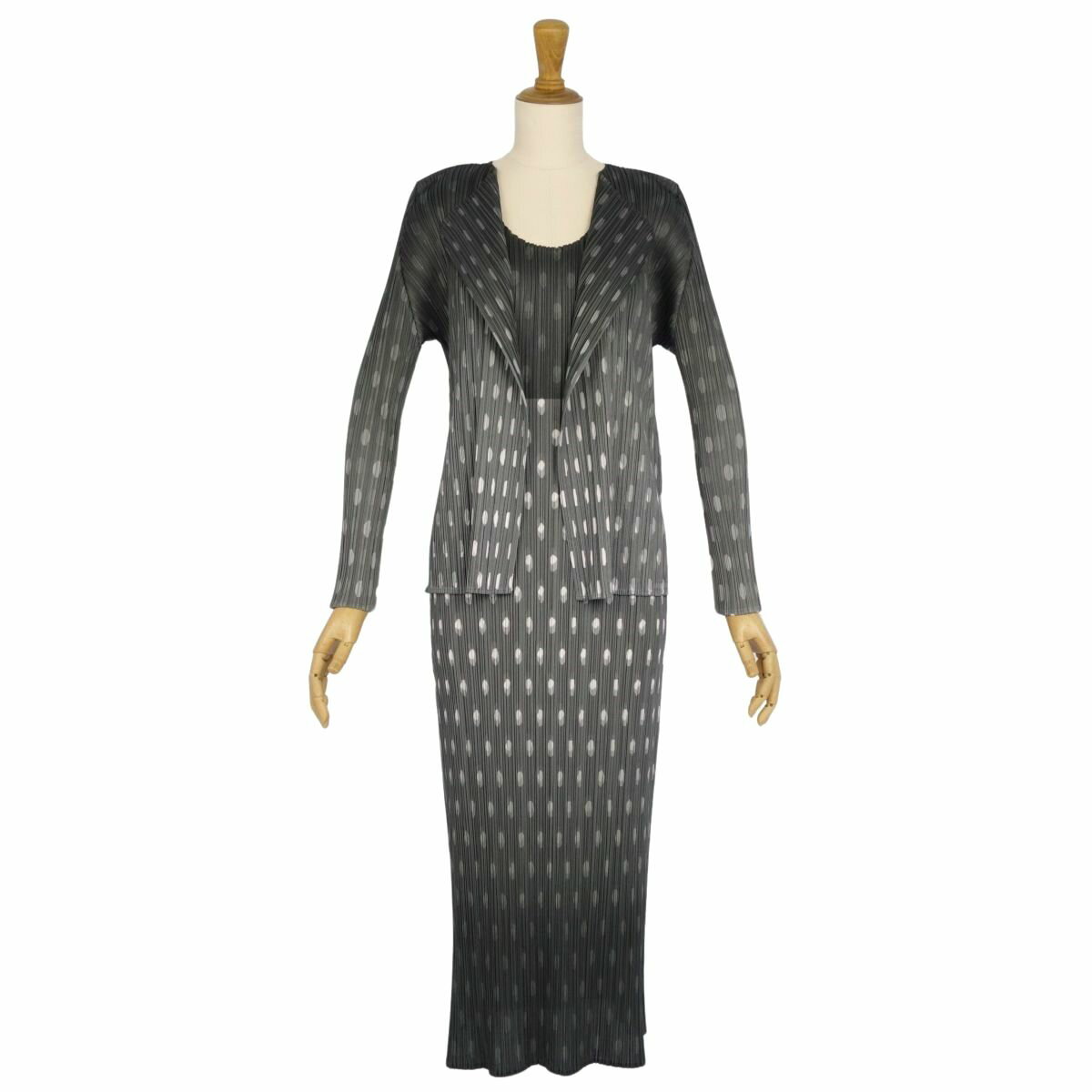 【極美品】プリーツプリーズ イッセイミヤケ PLEATS PLEASE セットアップ ワンピーススーツ ドット柄 プリーツ レディース シャツ：3 ワンピース：2 グリーン【中古】