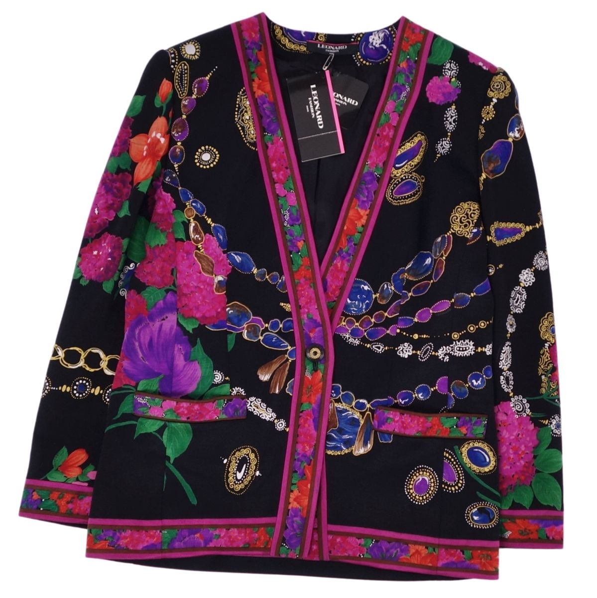 【新古品】レオナール LEONARD FASHION ジャケット ノーカラー 花柄 ニット シルク アウター レディース 9AR(M相当) マルチカラー【中古】