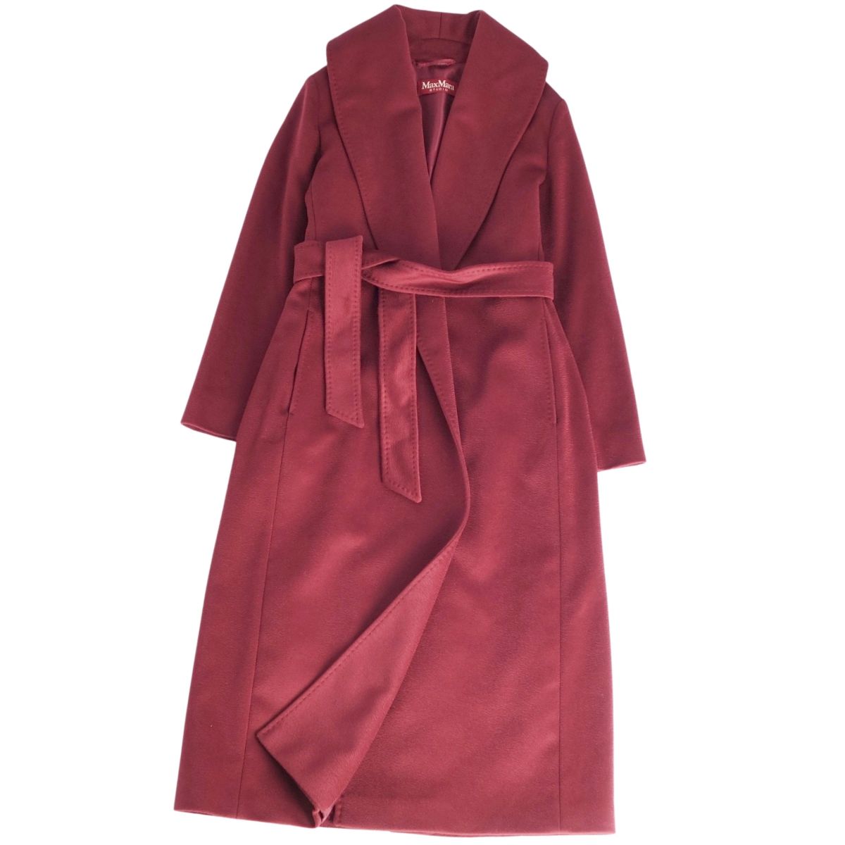 【極美品】マックスマーラ Max Mara STUDIO コート ロングコート ベルト付き ラップコート ボタンレス ウール レディース イタリア製 JI40 USA6 GB8(M相当) ボルドー【中古】