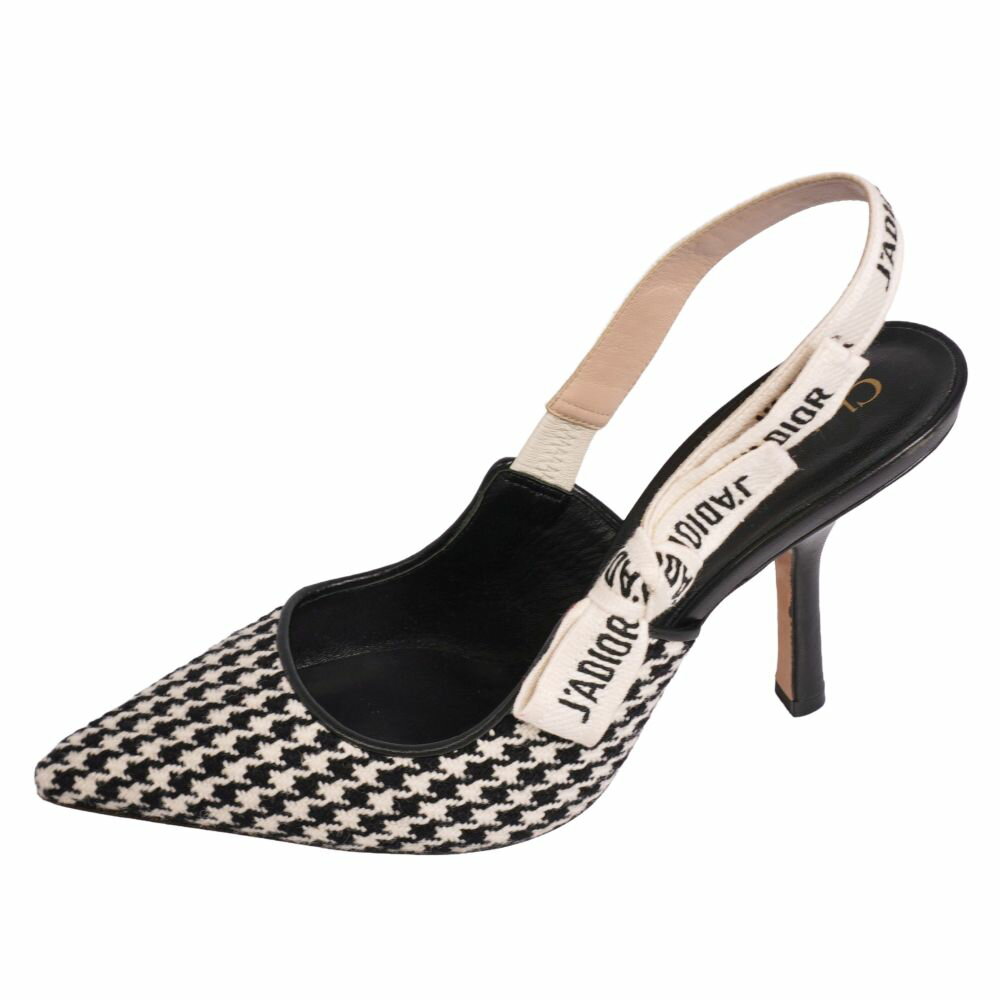 【美品】クリスチャンディオール Christian Dior パンプス スリングバック バックストラップ JADIOR 千鳥格子 ヒール シューズ 靴 レディース イタリア製 36(23cm相当) ブラック【中古】