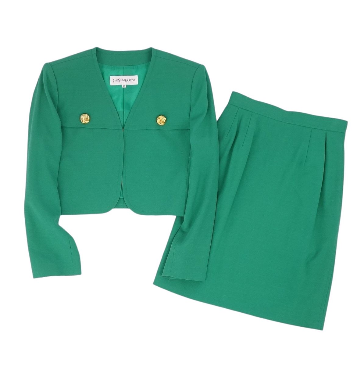 【美品】Vintage イヴサンローラン Yves Saint Laurent セットアップ スカートスーツ ジャケット スカート レディース 7A3(S相当) グリーン【中古】