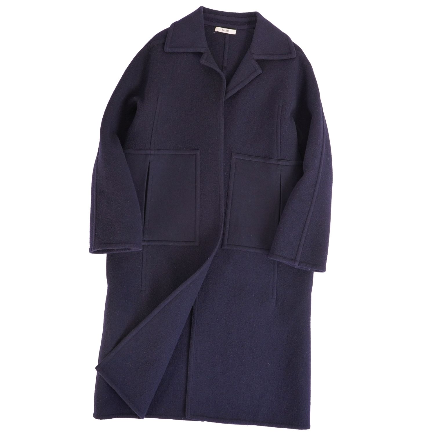 Rakuten - 【美品】セリーヌ CELINE フィービー期 コート ロングコート ボタンレス ウール カシミヤ アウター レディース 38(M相当) ネイビー【中古】