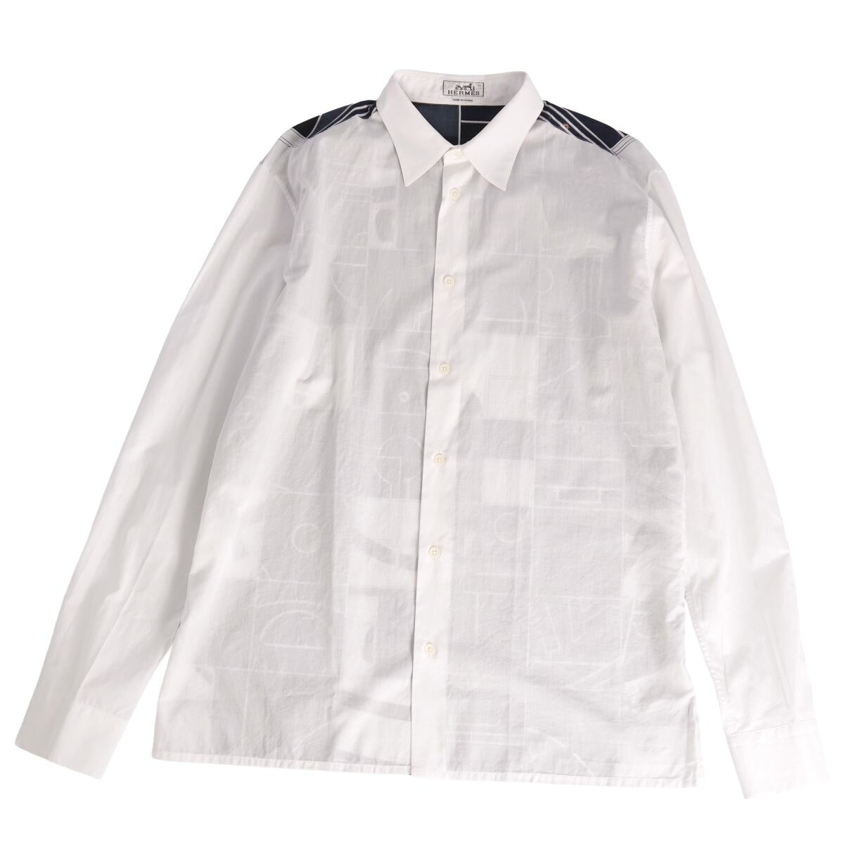 Rakuten - エルメス HERMES シャツ ロングスリーブ 長袖 コットン トップス メンズ フランス製 41/16 ホワイト/ネイビー【中古】