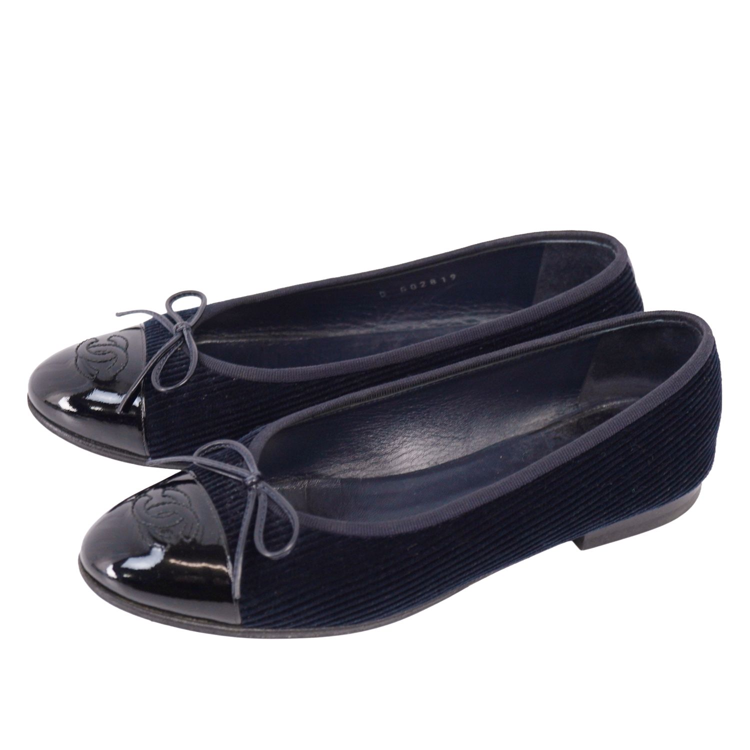 【美品】シャネル CHANEL G02819 パンプス フラットパンプス キャップトゥ ココマーク リボン コーデュロイ シューズ 靴 レディース 36.5C ネイビー/ブラック【中古】