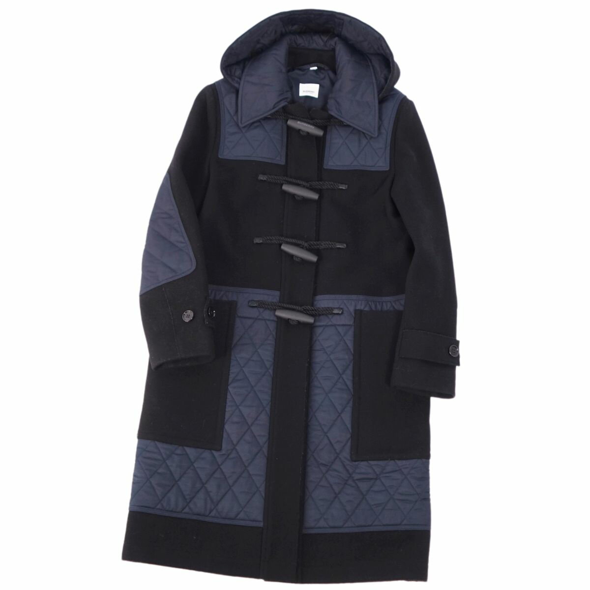 【極美品】バーバリー BURBERRY コート ダッフルコート フード フーディー キルティング ウール アウター レディース 36(XS相当) ブラック/ネイビー【中古】