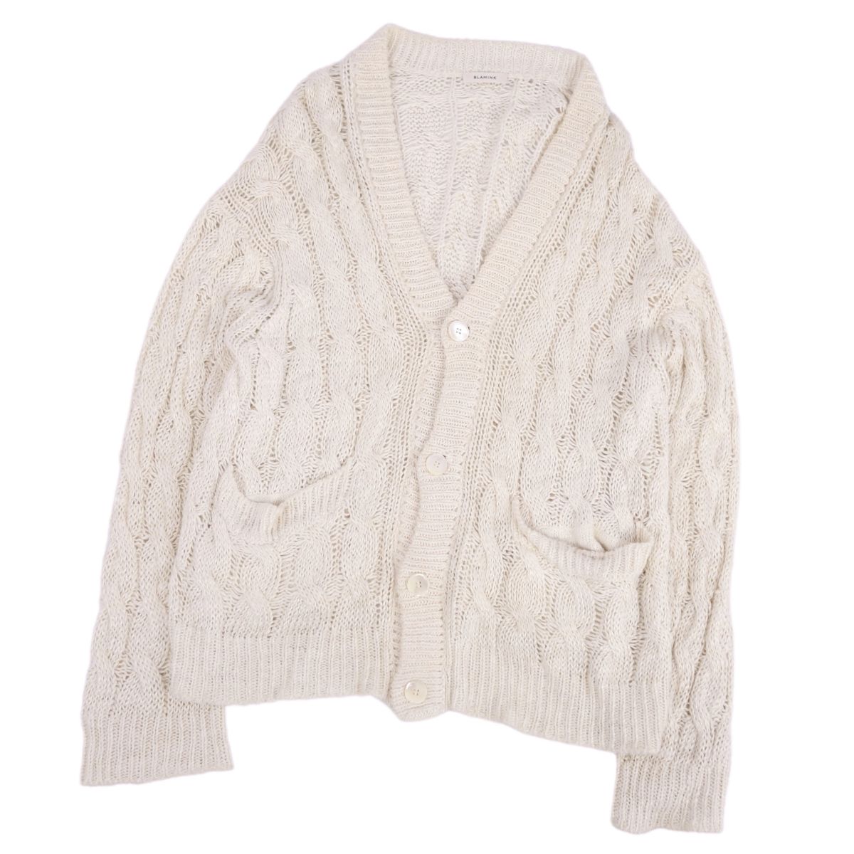 【美品】ブラミンク BLAMINK ニット カーディガン ロングスリーブ 長袖 リネン シルク トップス レディース S~M相当(表記無し) アイボリー【中古】