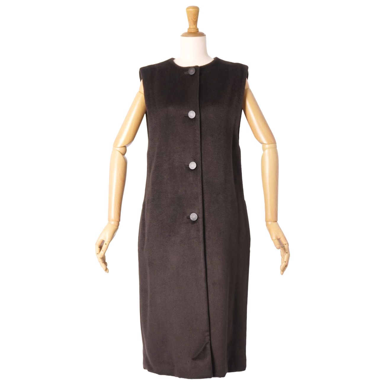 【極美品】エルメス HERMES コート 23AW ベスト ロングジレ ノースリーブ 中綿入り アルパカ ウール セリエボタン レディース フランス製 34(S相当) ダークブラウン【中古】