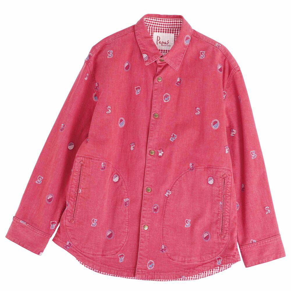 Rakuten - 【美品】パパス Papas シャツ デニムシャツ ロングスリーブ 長袖 総柄 コットン トップス メンズ 46(S相当) レッド【中古】