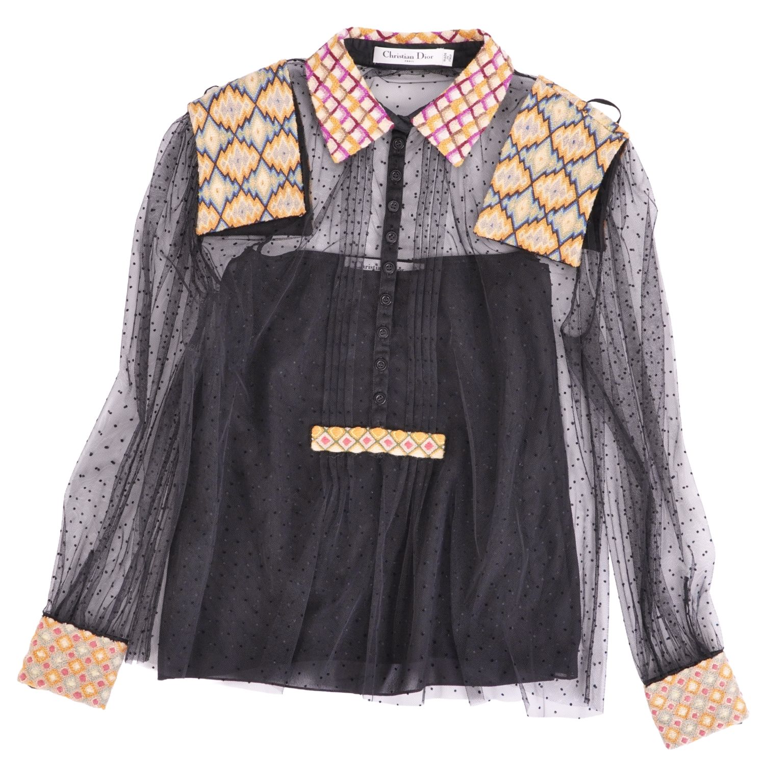 Rakuten - 【極美品】クリスチャンディオール Christian Dior シャツ ブラウス ロングスリーブ 長袖 レース ドット トップス レディース F34 USA2 I38(XS相当) ブラック/マルチカラー【中古】
