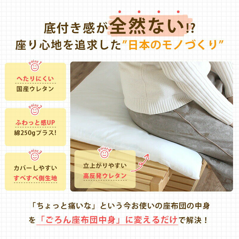 座布団 中材 長持ち 本体 ヌード座布団 中身 55×59cm 2個セット 銘仙判 日本製 「ごろん」 高反発 座布団中材 フロアクッション シートクッション ヌードクッション へたりにくい 中綿 厚手 角型 椅子 クッション チェアシート 和室 茶室 畳 座敷 2枚組 セット