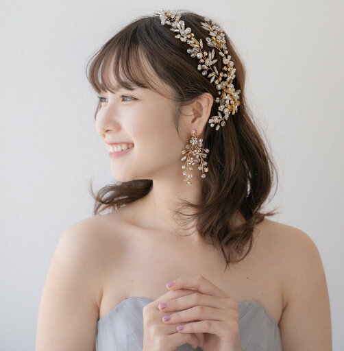 フラワー×パール ゴールドヘッドドレスセット ヘッドドレス&イヤリングORピアス(選択可) ブライダルアクセサリー フラワー×パール ゴールドヘッドドレスセット ヘッドドレス&イヤリングORピアス(選択可) ブライダルアクセサリー
