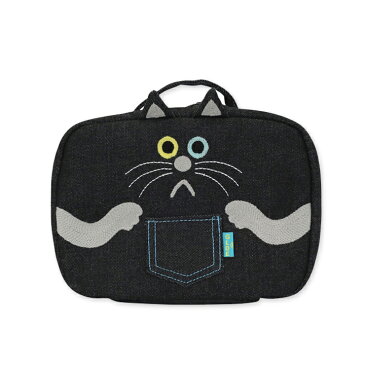 【メール便対応】デニムマルチポーチ黒猫（Multi Pouch Denim BlackCat）GLADEE（グラディー）・おむつポーチ（オムツポーチ）やおむつバッグ、旅行ポーチ、大きい化粧ポーチ（コスメボックス）などに使えるマルチトラベルポーチ♪バッグインバッグにも！